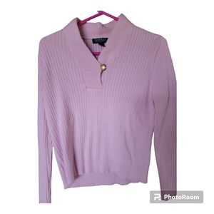 Lauren Ralph Lauren Sweater‎ Women Petite Pink V-Neck Long Sleeve Cotton Top P/L